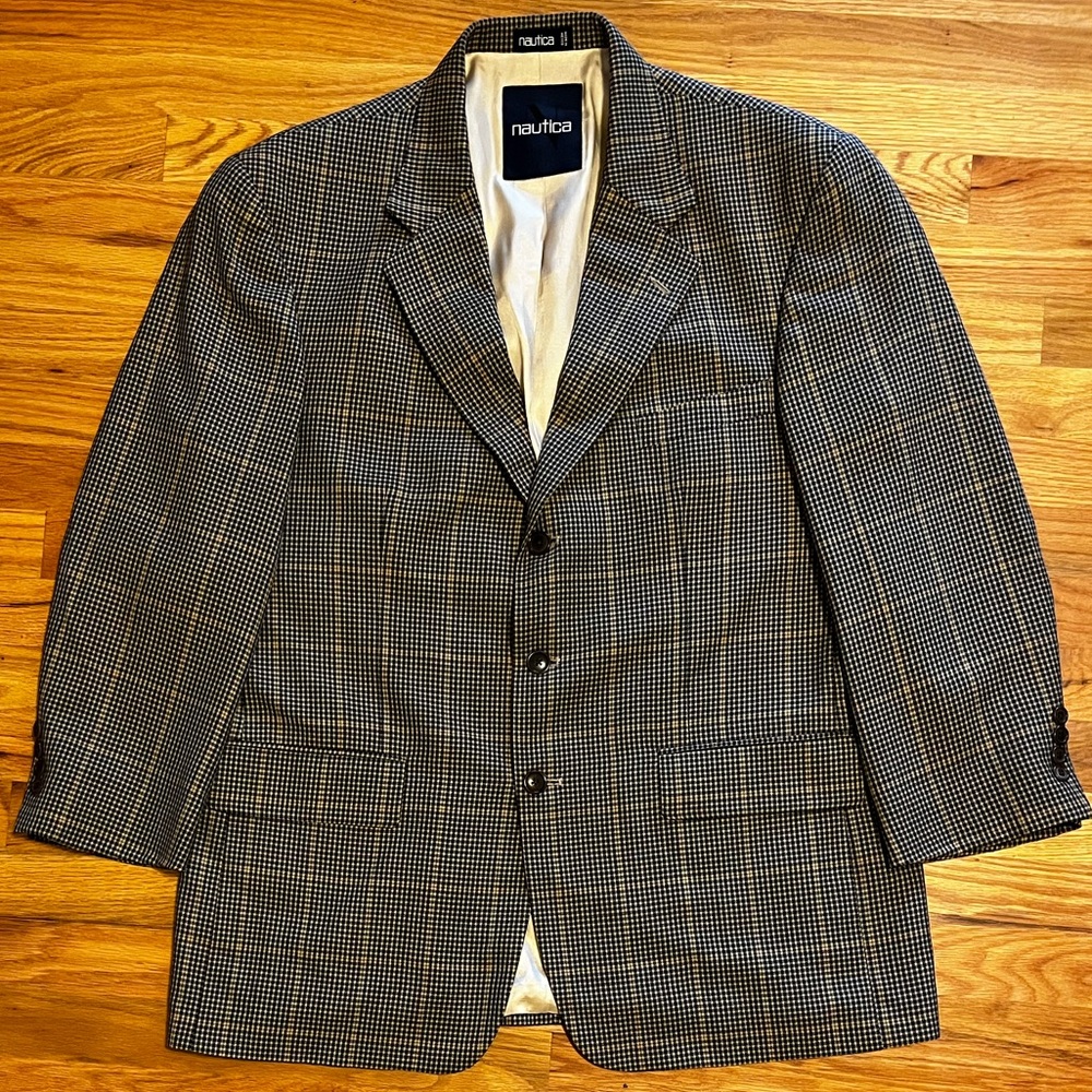 Nautica 44R - 100% Wool Blk/Brown Shepherds Plaid Blazer.